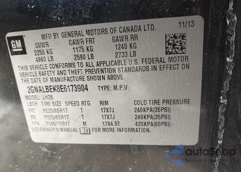 2014 Chevrolet Equinox 1Lt z USA, uszkodzony, nr VIN 2GNALBEK8E6173904